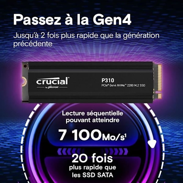 CRUCIAL - P310 - Intern SSD - 4 To - PCIe Gen4 NVMe M.2 - Med kylfläns - Læshastighed Op til 7100 Mo/s - CT4000P310SSD5