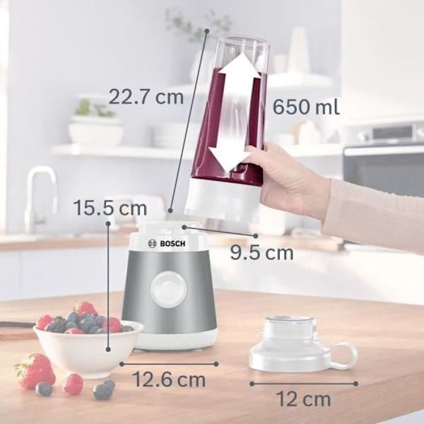 Miniblender BOSCH VitaPower Serie 2 MMB2111T - 0,8 L røreskål - 4 skarpe knive i rustfrit stål - Høj blandehastighed - Sølv vitt och grått