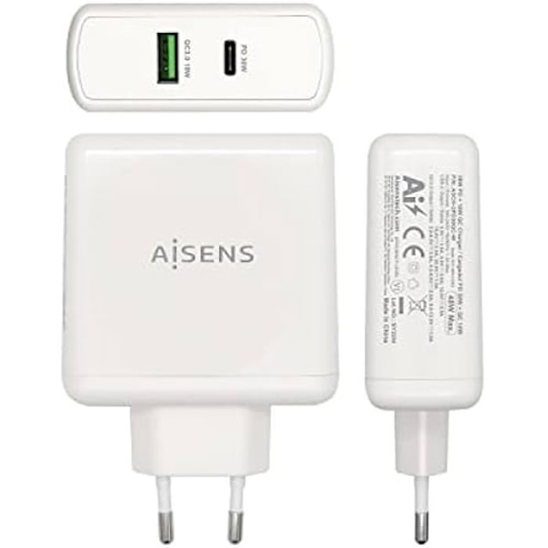 AISENS CARGADOR 48W 1xUSB-C PD3.0 30W 1xUSB-A QC3.0 18W Hvid Vit