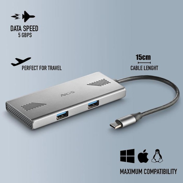 USB-hubi - NGS - WONDERDUO-C - 4 porttia (2 USB-C + 2 USB-A) - Aluminium - 5 Gbps