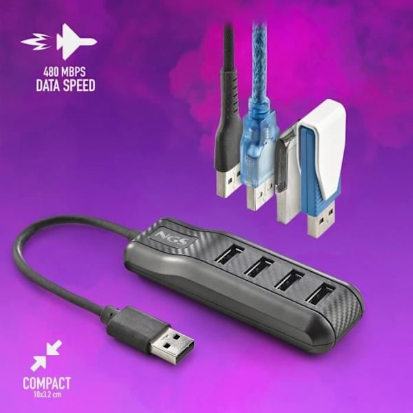 NGS PORT 2.0 - USB 2.0 4-portars Ultra Slim Splitter Data Hub - Kompatibel med alla operativsystem