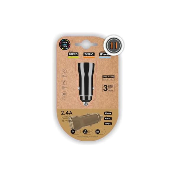 Auton laturi - Tech on tech - TEC2802 - Kaksois-USB - iPhone/mikro/tyyppi-C - Musta