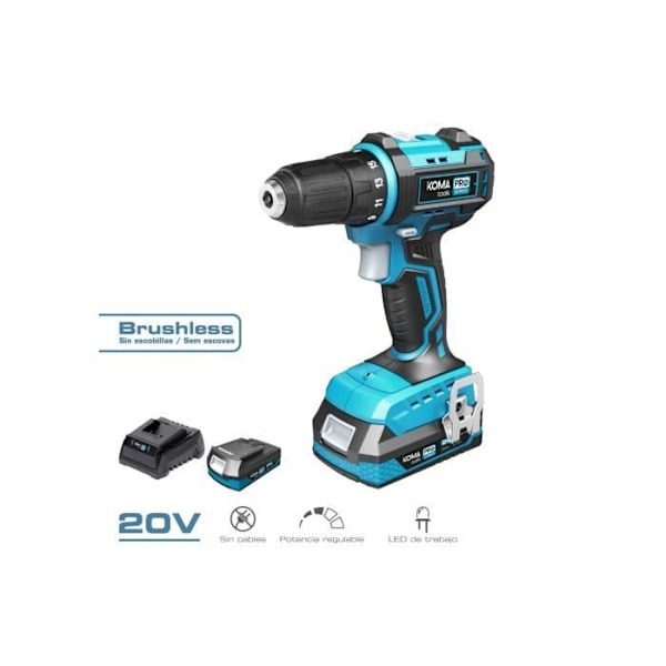 Koma Tools Pro Series børsteløs boremaskine - 20V batteri - 2 variable hastigheder - Ø10 mm nøglefri borepatron