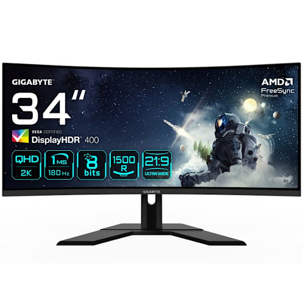 Gaming Monitor - GIGABYTE - G34WQCP - 34" buet - WQHD 3440 x 1440 - 180Hz 1ms FreeSync Premium Sort