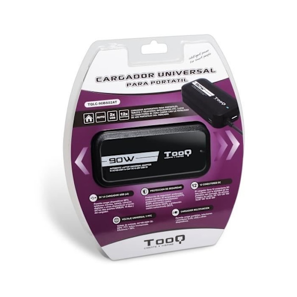 Adapter - TooQ - TQLC-90BS02AT - 90W - 2 USB-porte - Sort Svart