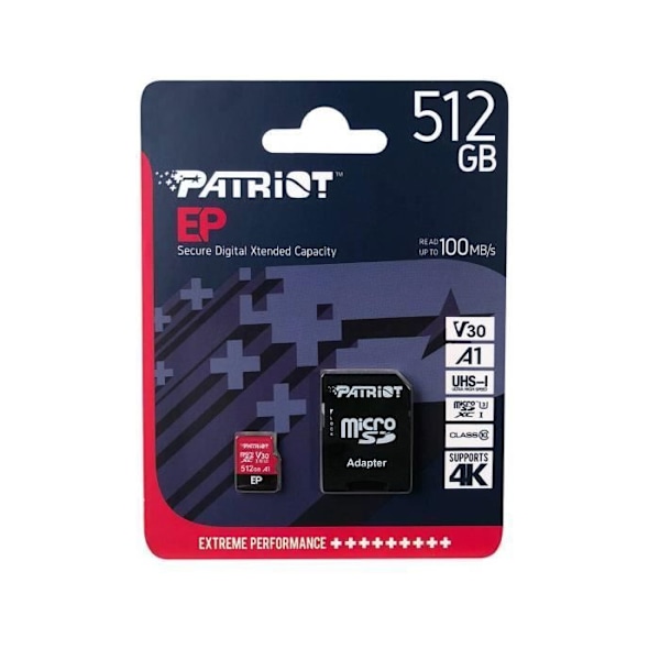 Muistikortti MicroSDXC - Patriot Memory - EP-sarja A1 V30 - 512 Go - Jopa 90 Mo/s - Musta
