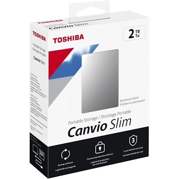 Ekstern harddisk - TOSHIBA - Canvio Slim - 2 TB - Sølv