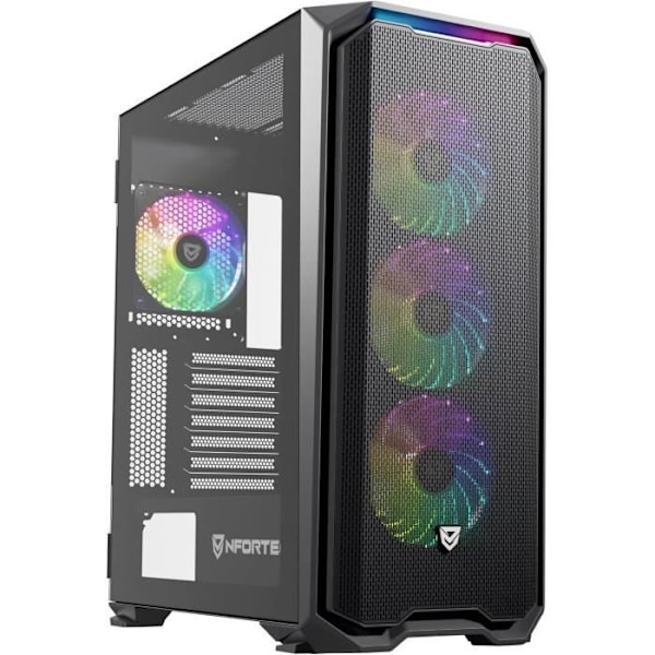Nfortec - KRATER X Gaming PC Kabinet Mid Tower ATX, 4x 120mm ARGB blæsere inkluderet, Front mesh, Hærdet glas på siden, Sort Sort
