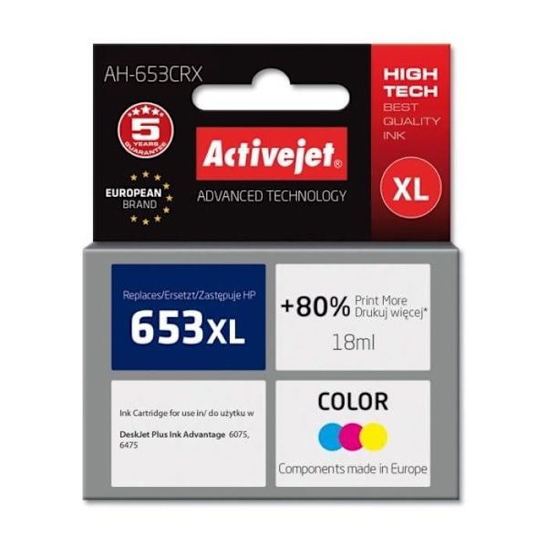 Activejet (erstatning HP 653XL 3YM74AE Premium 360 sider Farve) - AH-653CRX