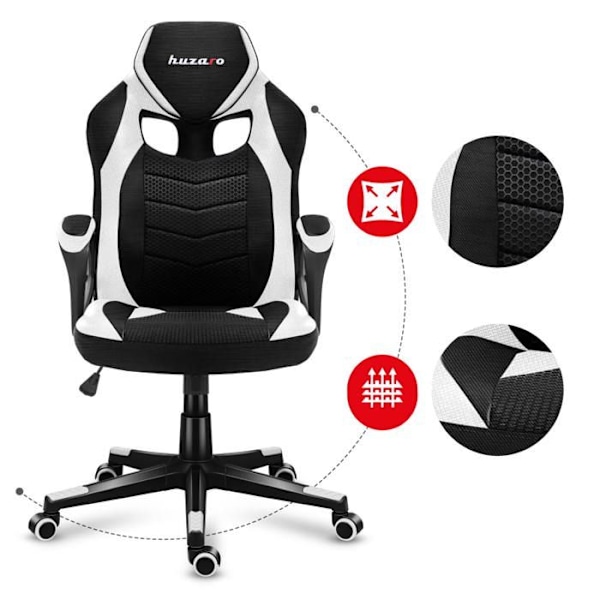 Gaming stol HUZARO FORCE 2.5 Hvid, Stof Kontorstol, Pc Gaming, Ergonomisk, Justerbar, Drejbar, Armlæn, Gamer svart vit