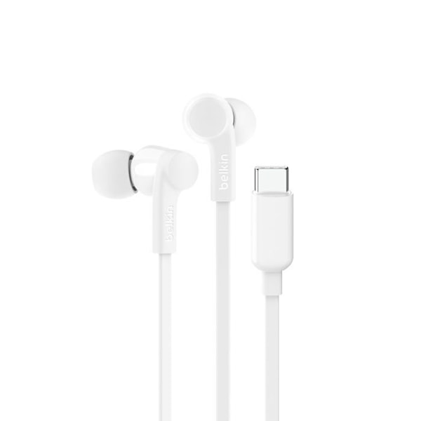 Hvide USB-C-hovedtelefoner med en justerbar lydgrænse for sikker og komfortabel lytning.
