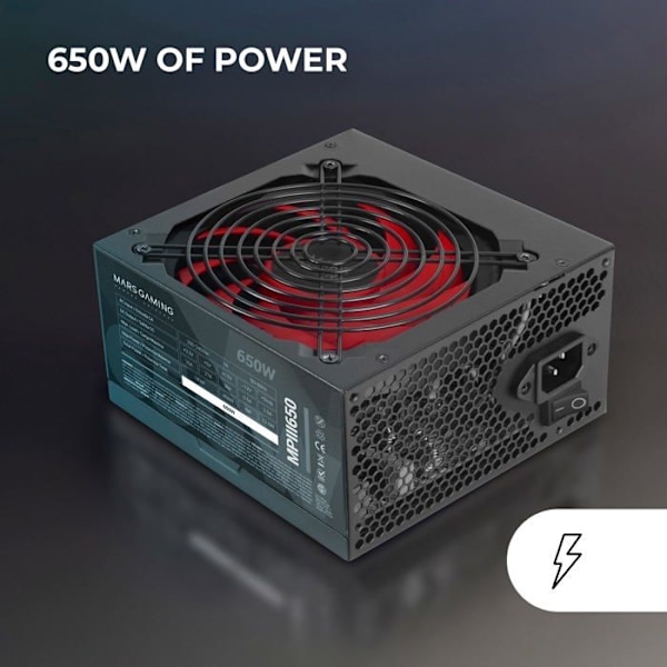 Mars Gaming MPIII650, 650W ATX pc-strømforsyning, 5 års garanti, AI-RPM Silent Technology, 85 % effektivitet, sort