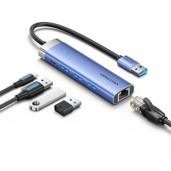 Dockningsstation - VENTION - 5-i-1 - USB 3.0 - RJ45 - 3xUSB-A - Aluminium Blå