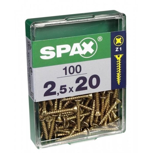 Skrue - SPAX - Forsænket hoved - Diam. 2,5 mm - Længde. 20 mm - Pakke med 100 stk