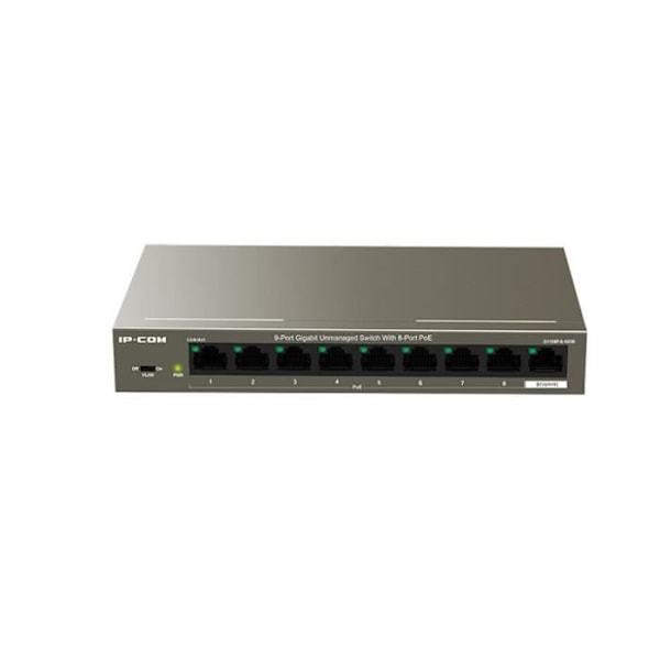 IP-COM Desktop Switch 9 Gigabit-porttia 10/100/1000M, 8 PoE-porttia, Auto MDI/MDIX, VLAN-tila, Plug&Play, teräs. G1109P-8-102W