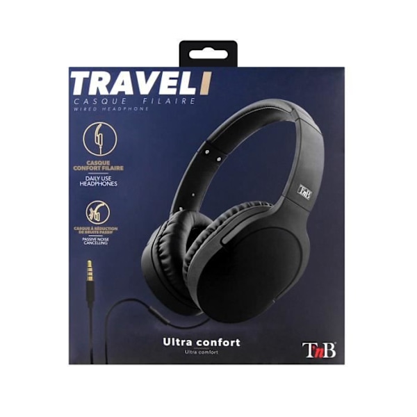 T'nB - CSTRAVEL2 - Kablet stereohovedtelefon + mikrofon + flyadapter - Sort Svart
