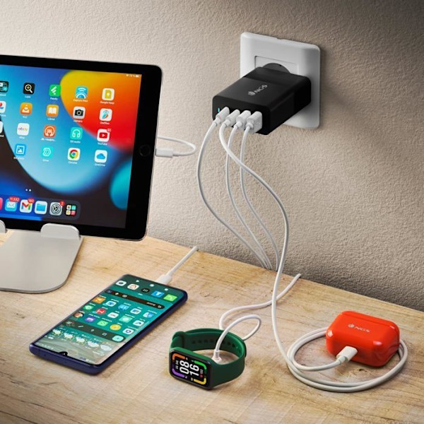 NGS BUD 100W: Universell väggladdare 100W med 4 portar: 2 USB-C + 2 USB-A. Snabb och säker laddning. Samtidig laddning.