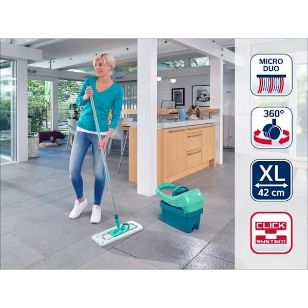 Setti Lavea Solua Säilytyssäikka Lavea Essoreur Rullilla Leifheit Profi XL Mobile 55096, Lattia Moppia 360° Mikro Duo -kannalla. Turkosgrön