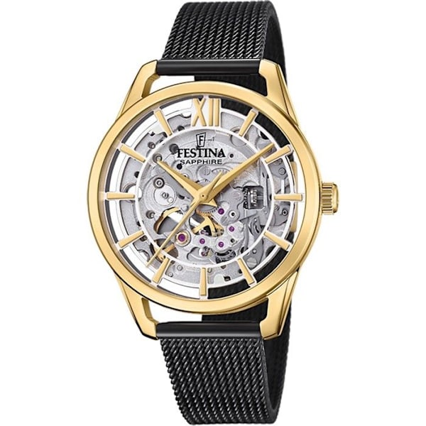 Ur - FESTINA - Automatik - Sort Stål - Skeletdøgn - 42,8 mm Automatisk rörelse