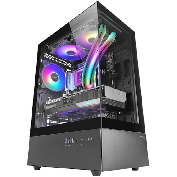 MARS GAMING MC-XO, Gamingchassi ATX, Dubbel Härdat Glas Kontinuerligt 90°, FRGB Fläkt 12cm, SIDECOOL Kylsystem, Svart