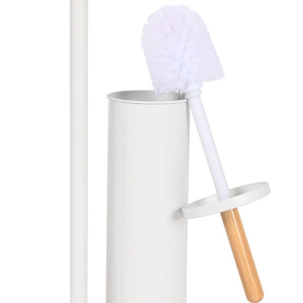 Toiletpapirholder + toiletbørste i hvid metal og bambus