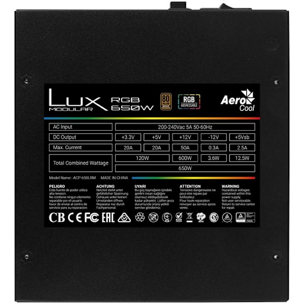 650W ATX/EPS 12V puolimodulaarinen virtalähde - 80PLUS pronssi - Aerocool LUX RGB 650M