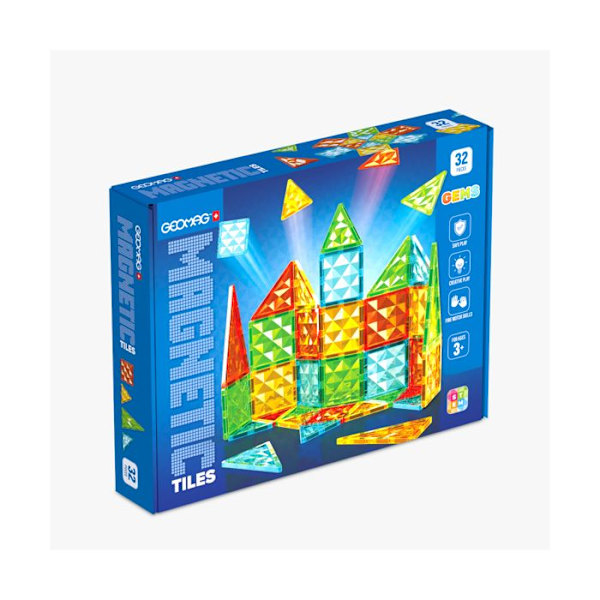 Magnetiske fliser - GEOMAG - Tiles Gems 4101 - 32 stykker - Geometriske former - Krystaleffekt Gul, orange, blå, grön