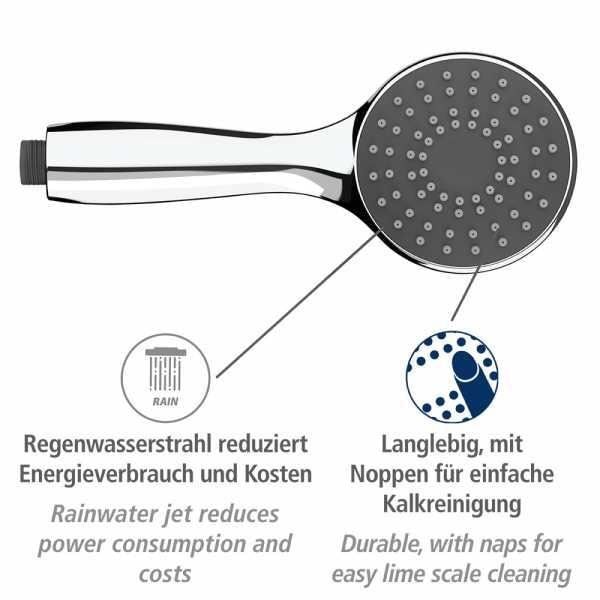 WENKO Vandbesparende brusehoved, 40% vandbesparelse, universelt mundstykke 1/2", plastik, ø9,6 cm, forkromet - grå