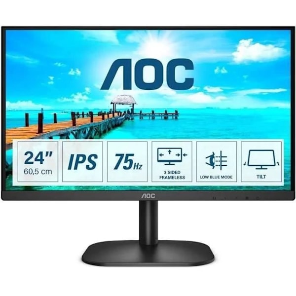 PC-näyttö - AOC 24B2XH - 23,8" FHD - IPS-paneeli - 75Hz - 4ms - HDMI/VGA - LowBlue/Flicker-free - VESA 100x100 - Musta musta