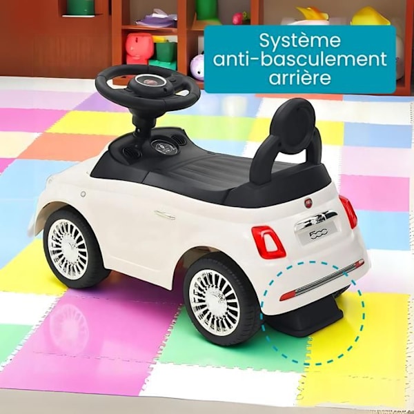 DEVESSPORT Barnbär Fiat 500 Vit, Officiell Licens, Ljud & Musik på Rat, Säte Med Förvaringsutrymme, Idealisk För 1-3 År