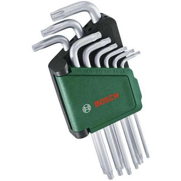 Bosch Sæt med 9 Torx nøgler (multifunktionelle nøgler i S2-stål; TX8-TX40; lang side; rustfri overflade, opbevaringsbånd)