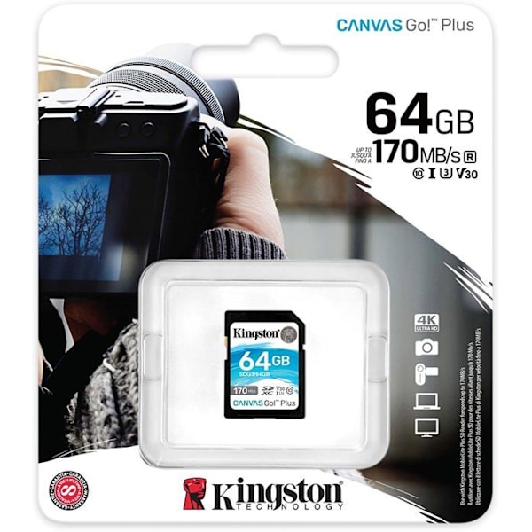 Kingston SDG3/64 Gt SD-kortin muistikortti (64 Gt SDXC Canvas Go Plus 170R C10 UHS-I U3 V30)