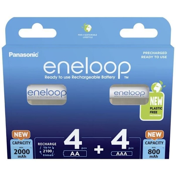 Uppladdningsbart batteriset LR03, LR6 - PANASONIC - Låg självurladdning - Förladdat - 8 st.