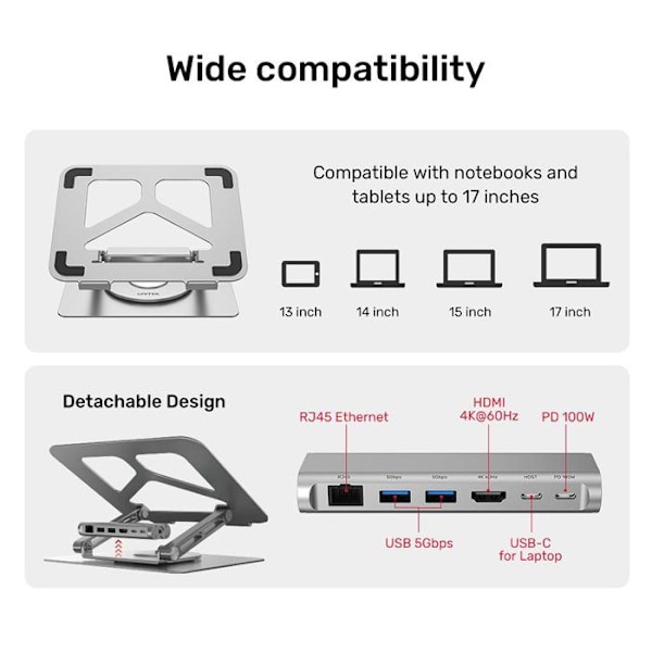 UNITEK Hub USB 3.1 tyypin C 2 porttia USB 3.0 - RJ45 - HDMI 4K - PD 100W kannettavalle tietokoneelle tarkoitettu tuki