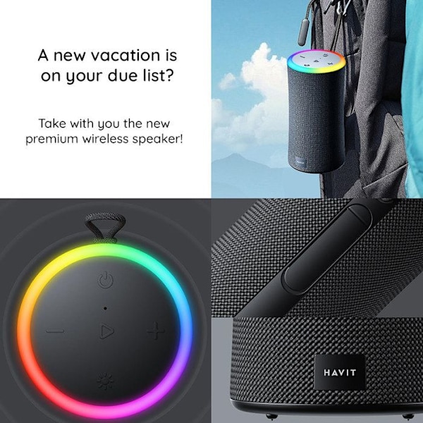 Trådløs Bluetooth 5.3 bærbar højttaler, RGB-lys, IPX6, 2000 mAh - Havit (SK833BT) - Sort