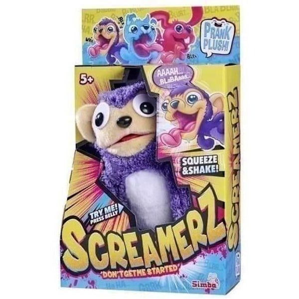 Smoby - Screamerz - Interaktiv sjov bamse - Abe - 28 cm - Lyd når den rystes eller når der trykkes på knappen 3 färgglada djur