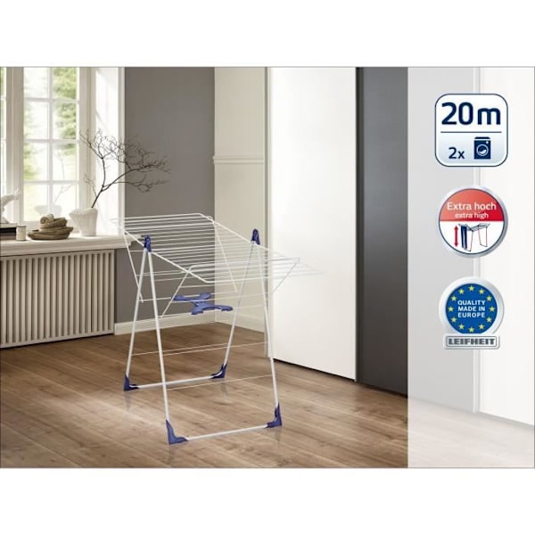 Leifheit Classic 200 Flex 81408 tørrestativ, tøjstativ med 20m tørreplads og hævbart sidepanel, hvid