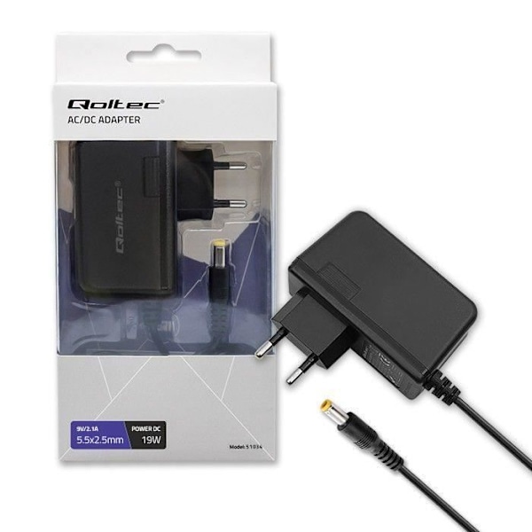 Qoltec Plug-in strømforsyning 19W 9V, 2.1A, 5.5x2.5 - 5901878510347 Sort