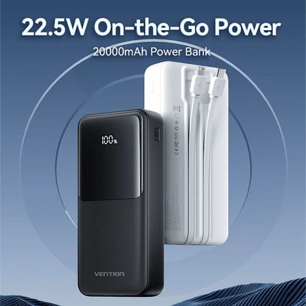 Kaksi USB-porttia, nopea kaksisuuntainen lataus, 20 000 mAh - Vention (FHPB0) - Musta