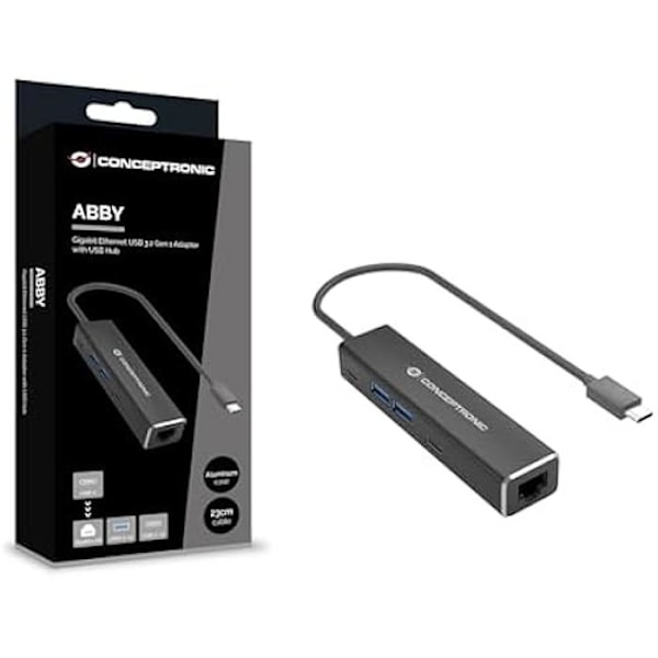 CONCEPTRONIC ABBY13B USB 3.2 Gen 1 Gigabit Ethernet -sovitin USB-keskittimellä, GbE, USB-A x 2, USB-C x 2