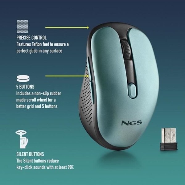 NGS EVO RUST ICE - 2,4 GHz uppladdningsbar trådlös mus, tysta tangenter, 3 upplösningsnivåer, designad för högerhänta användare, blå