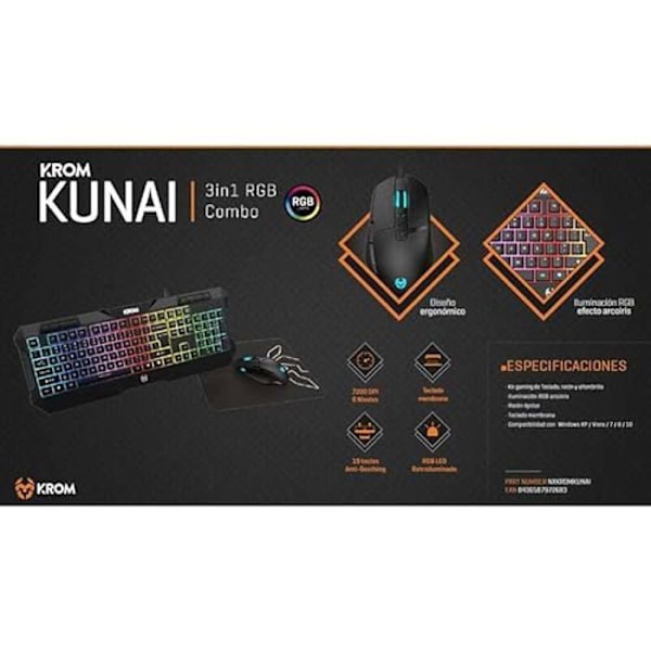 Pakke Gaming - KROM - Kunai - LED Tastatur - Mus 7200 dpi - Sort Musemåtte Sort