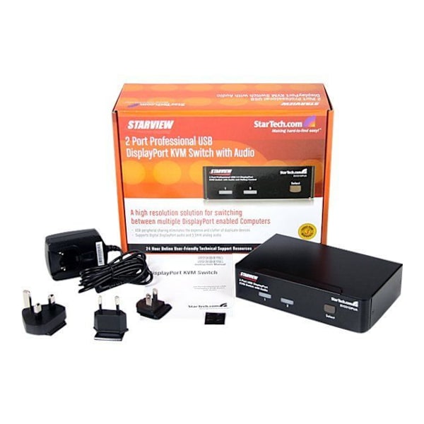 STARTECH KVM-switch - 2 DisplayPort-, USB- og lydporte - 2560 x 1600 - Skærm-tastatur-mus/lydswitch Sort