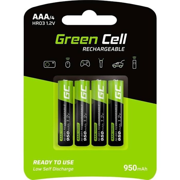 Green Cell 950mAh 1,2V Paket med 4 uppladdningsbara Ni-MH-batterier Typ AAA, Förladdade, hög kapacitet, HR03-batteri, låg självurladdning