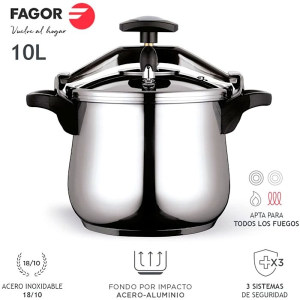 Autokokk - FAGOR - Klassisk Bombe 10 - Rostfritt Stål 18/10 - 10 L - 3 Säkerhetssystem Pengar