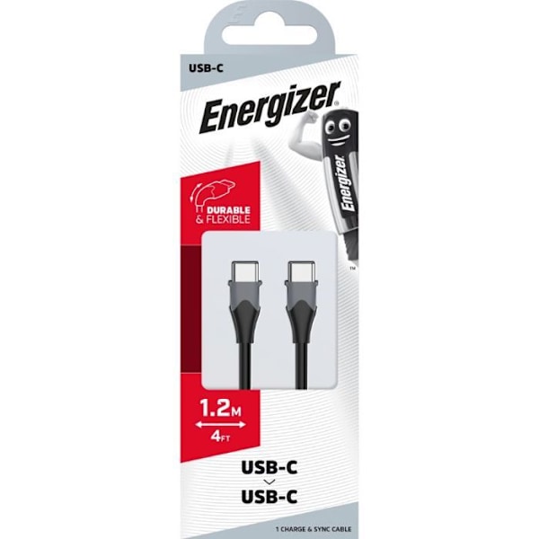 Kaapelitelefonin Energizer - USB-C/USB-C Latauskaapeli 1,2 m - Nopea Latauskaapeli (2,4 A/480 Mbps) - Musta