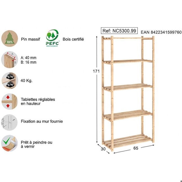 Astigarraga Etagère 5 latteja 171x65x30cm - nc-5-30