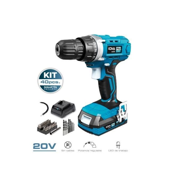 20V borrskruvdragare - Koma Tools - 40 tillbehör - 2,0 Ah Li-On-batteri - Ø10mm Chuck