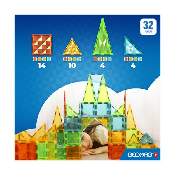 Magnetiske fliser - GEOMAG - Tiles Gems 4101 - 32 stykker - Geometriske former - Krystaleffekt Gul, orange, blå, grön