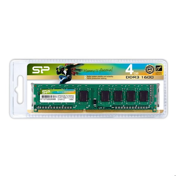 4 GB DDR3 1600 UDIMM -muisti - SP SILICON POWER - Generic - Vihreä - Elinikäinen takuu